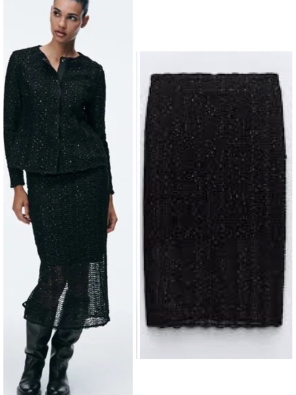 Zara Mixed Metallic Textured Organza Scallop Thread Midi Skirt Size L NWT